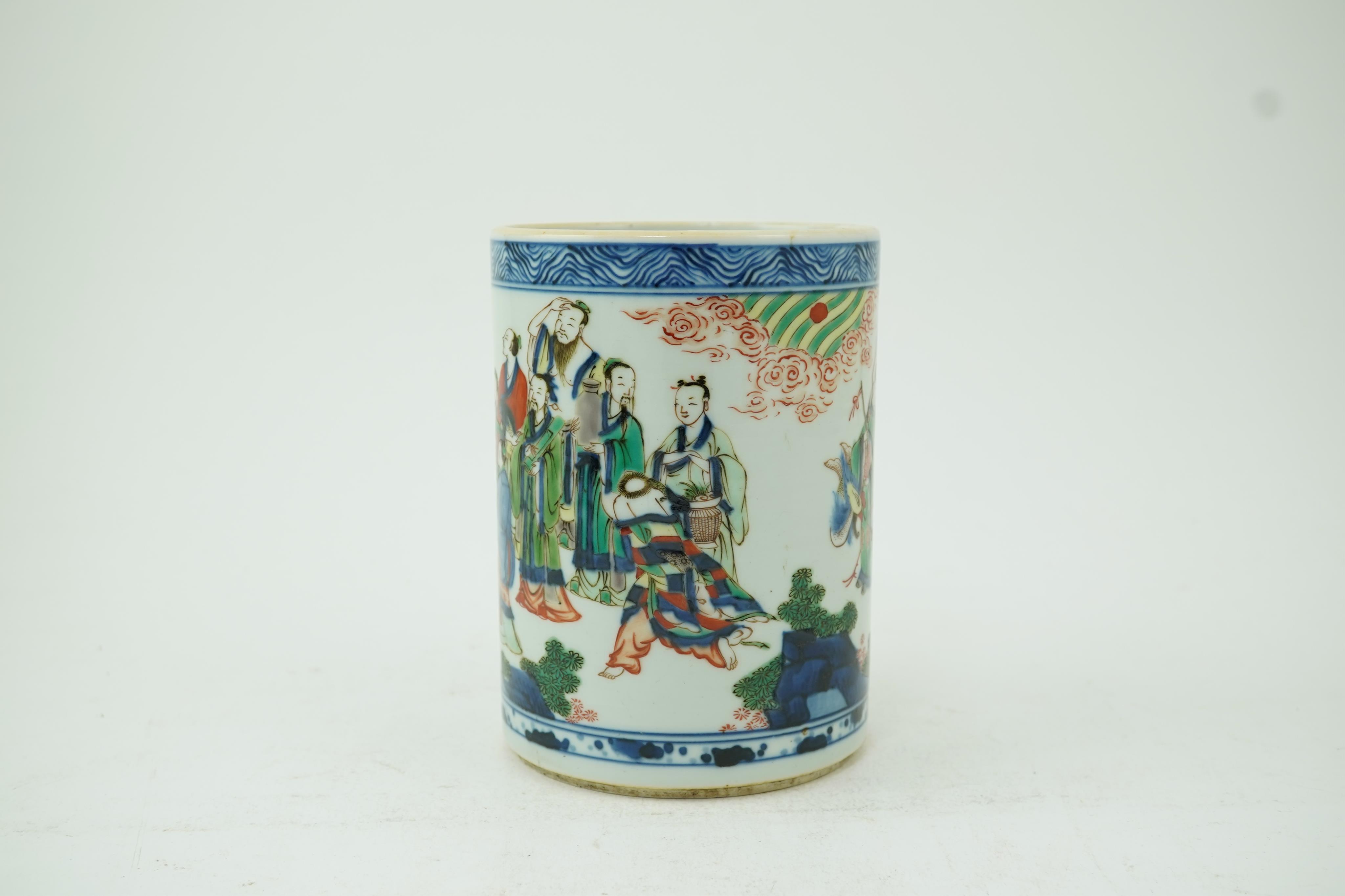 A Chinese wucai brush pot
